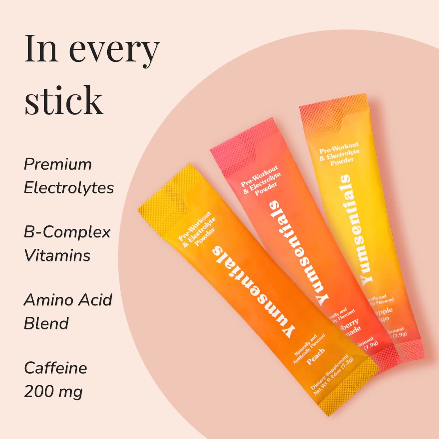 Three Yumsentials pre-workout stick packs displayed. Text reads: ‘In every stick.’ ‘Premium Electrolytes.’ ‘B-Complex Vitamins.’ ‘Amino Acid Blend.’ ‘Caffeine 200 mg.’