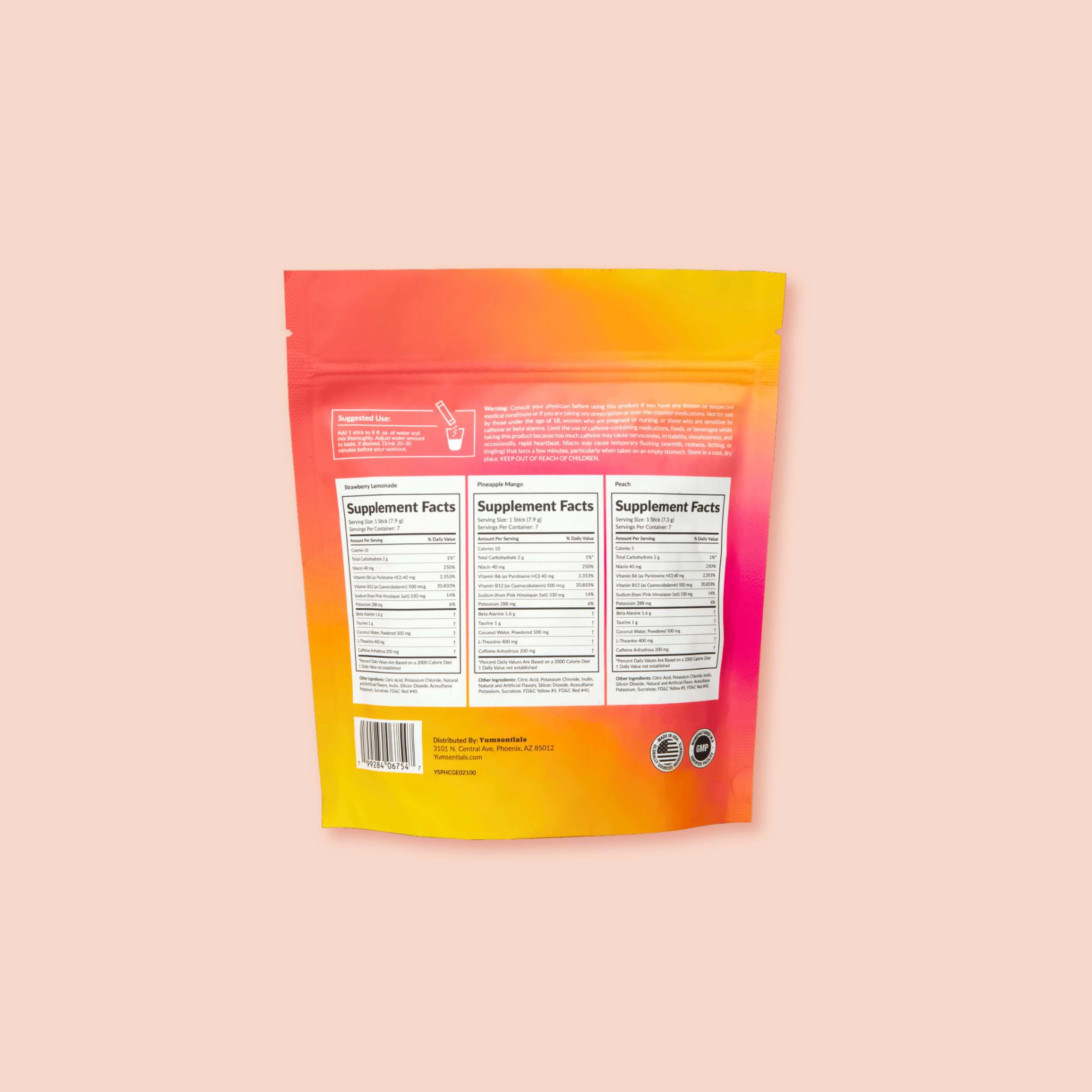 Back view of Yumsentials pre-workout variety pack pouch showing the printed supplement facts panels, suggested use diagram, warning text, and barcode.