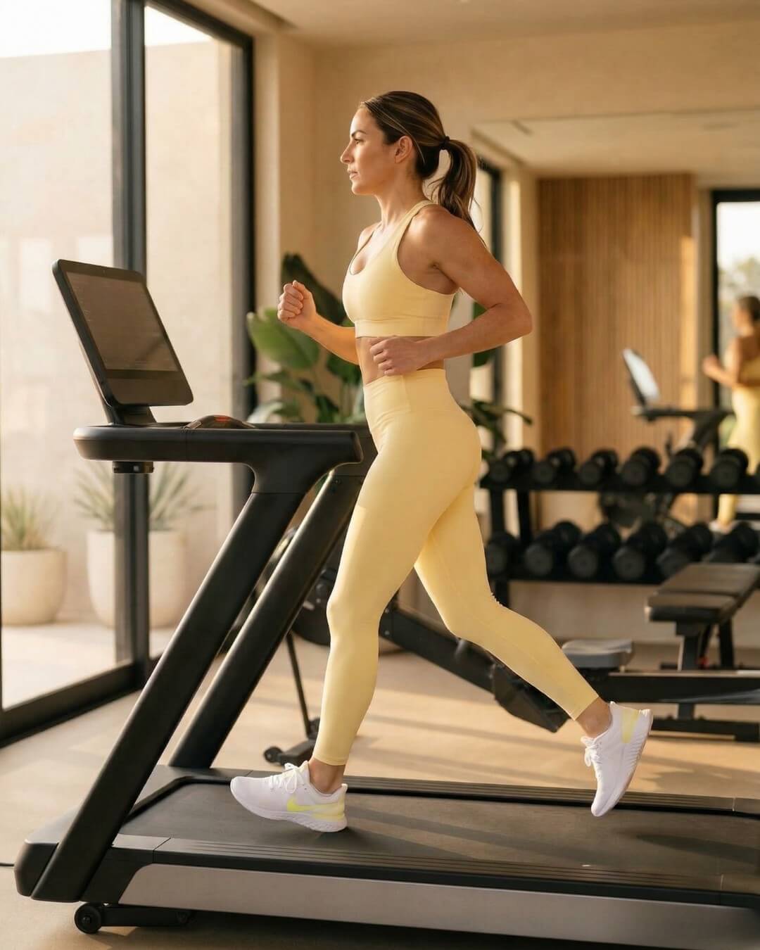 Woman running on a treamill in a gym.