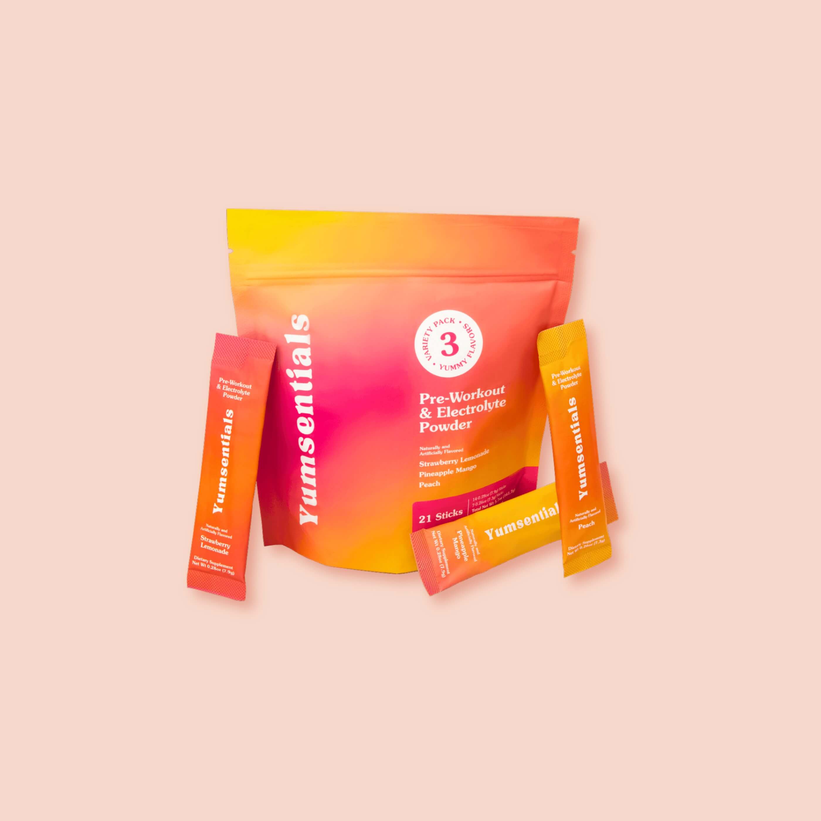 Yumsentials pre-workout and electrolyte powder variety pack shown in a resealable pouch with three stick packs in front.