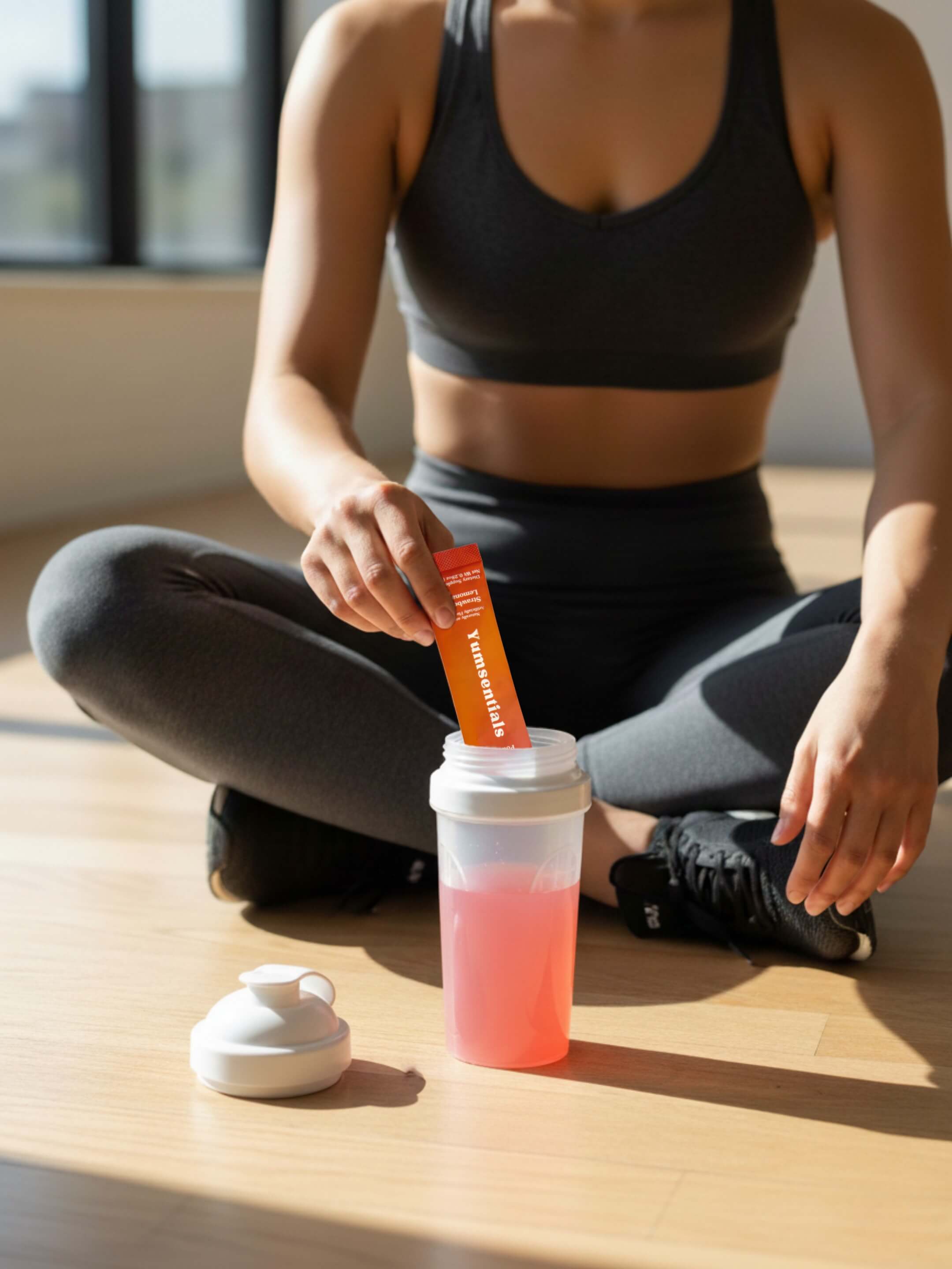 Woman pouring a Yumsentials pre-workout stick pack into a shaker bottle without using a scoop.