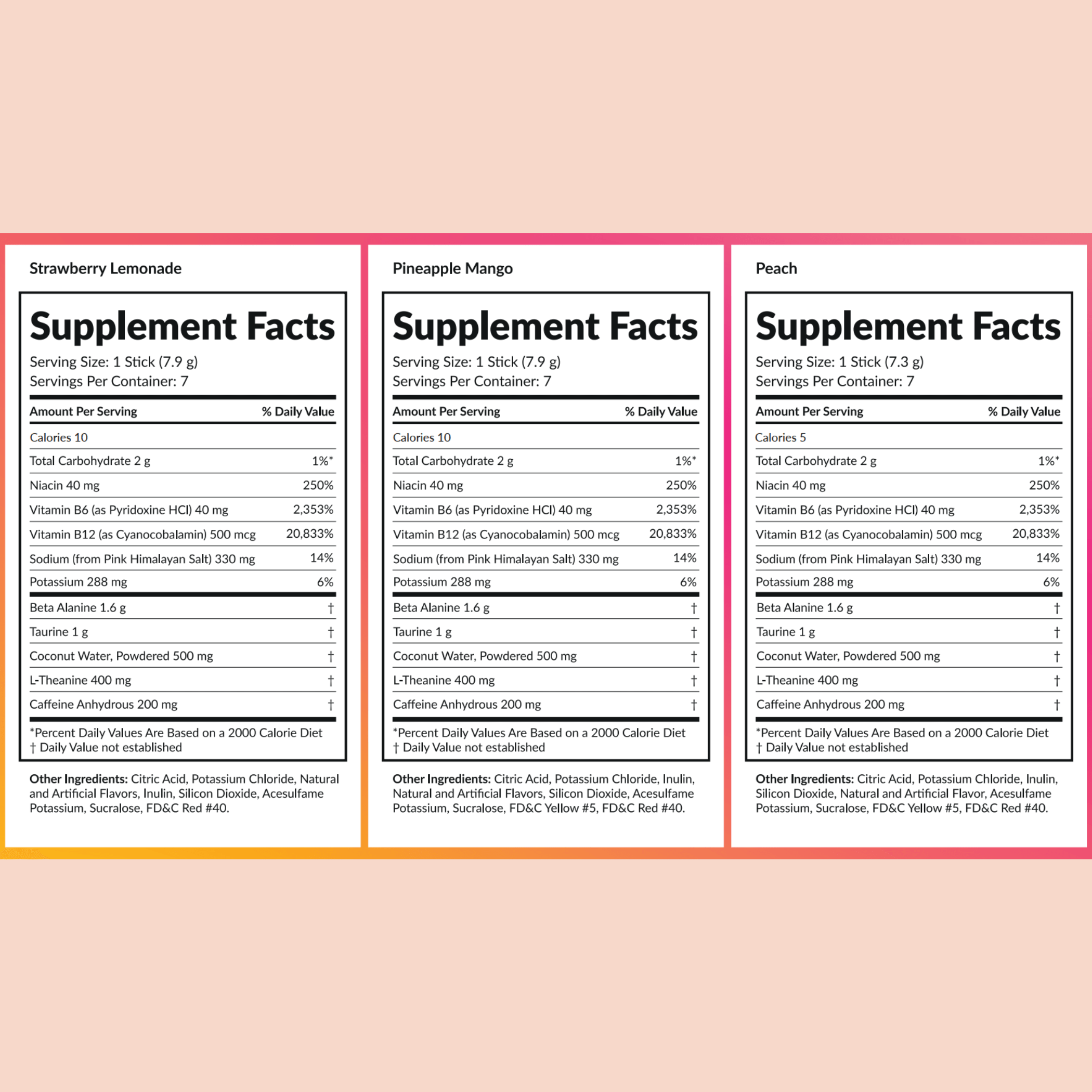 Supplement Facts panels for Yumsentials pre-workout variety pack, showing nutrition and ingredient information for Strawberry Lemonade, Pineapple Mango, and Peach flavors, including caffeine, L-theanine, beta-alanine, taurine, electrolytes, B-vitamins, and calories.