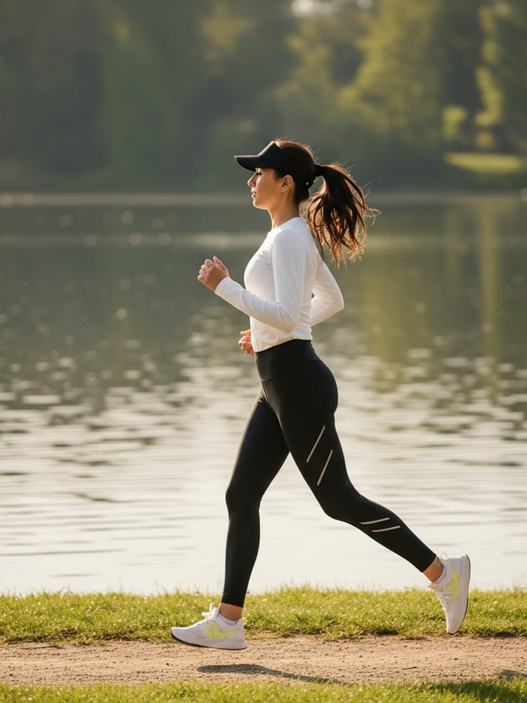 Woman running outdoors on a path next to a lake.